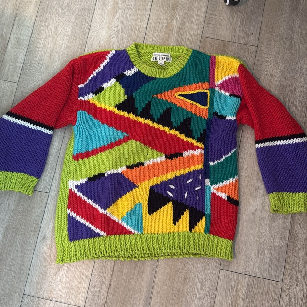 One Step Up Knotted Sweater Colorful Abstract Vintage LARGE